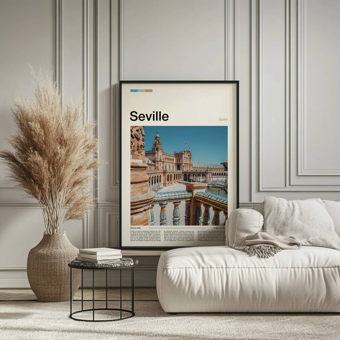 Seville Plaza De Espana Travel Print framed on the wall of a calm, neutral bedroom