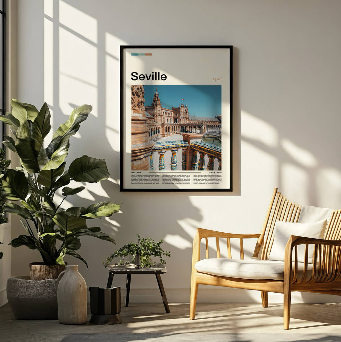 Seville Plaza De Espana Travel Print framed on a pale wall beside houseplants