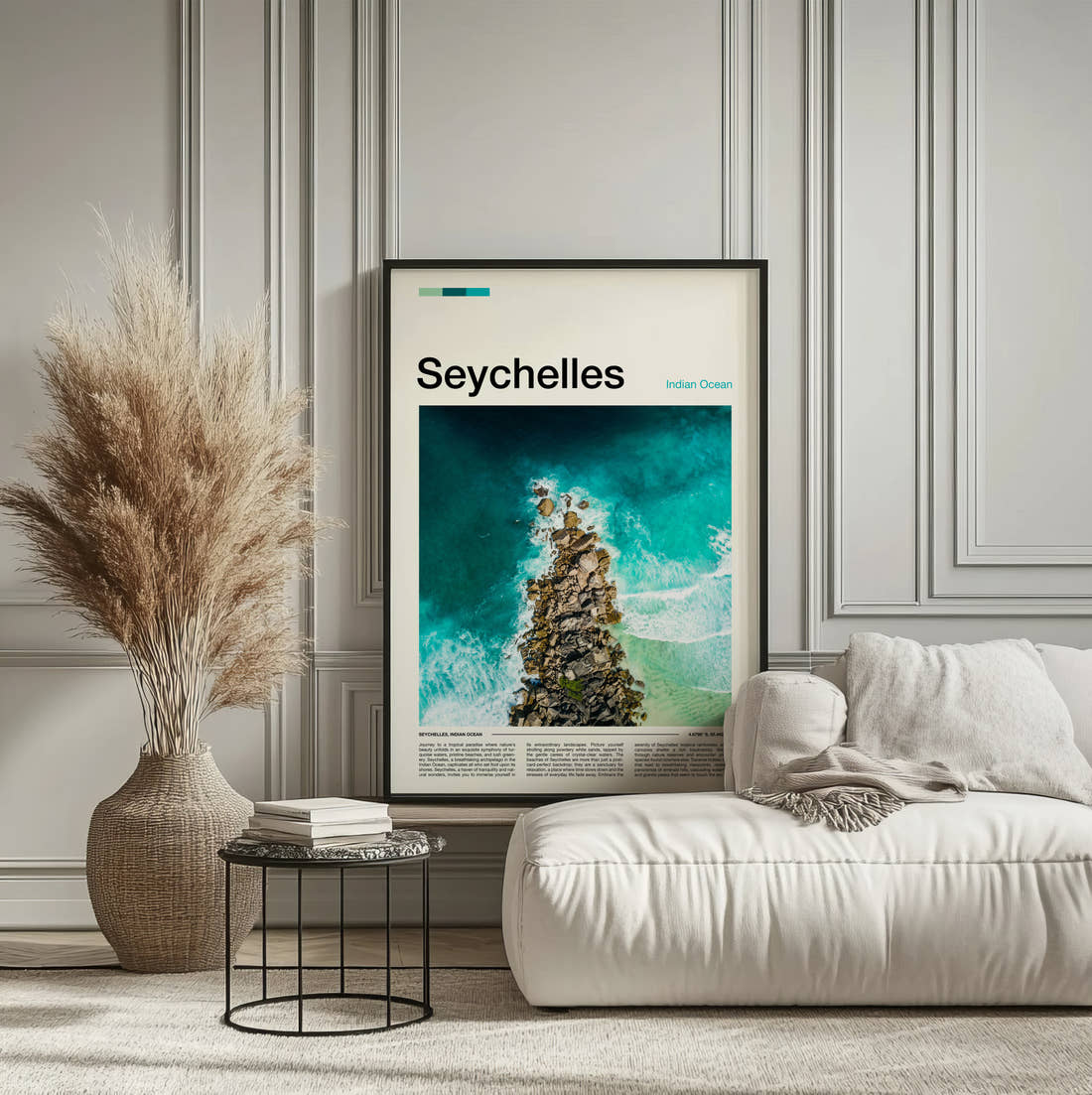 Seychelles Aerial Rocky Shoreline Travel Print framed on the wall of a calm, neutral bedroom