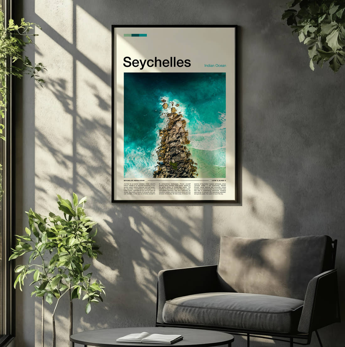 Seychelles Aerial Rocky Shoreline Travel Print framed on the wall of a relaxed living room