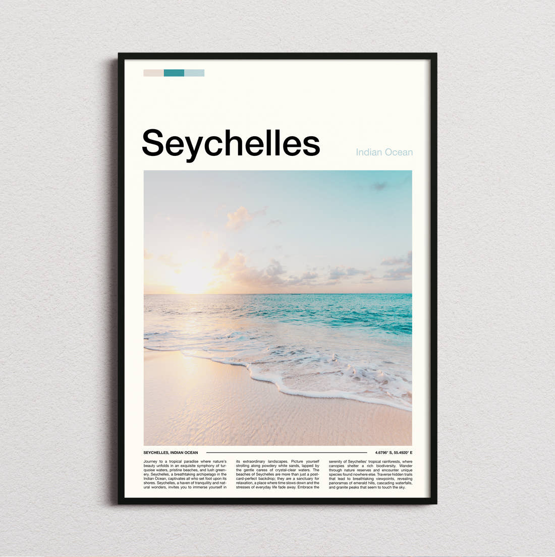 Seychelles Sunset Over The Beach Travel Print framed and photographed straight on