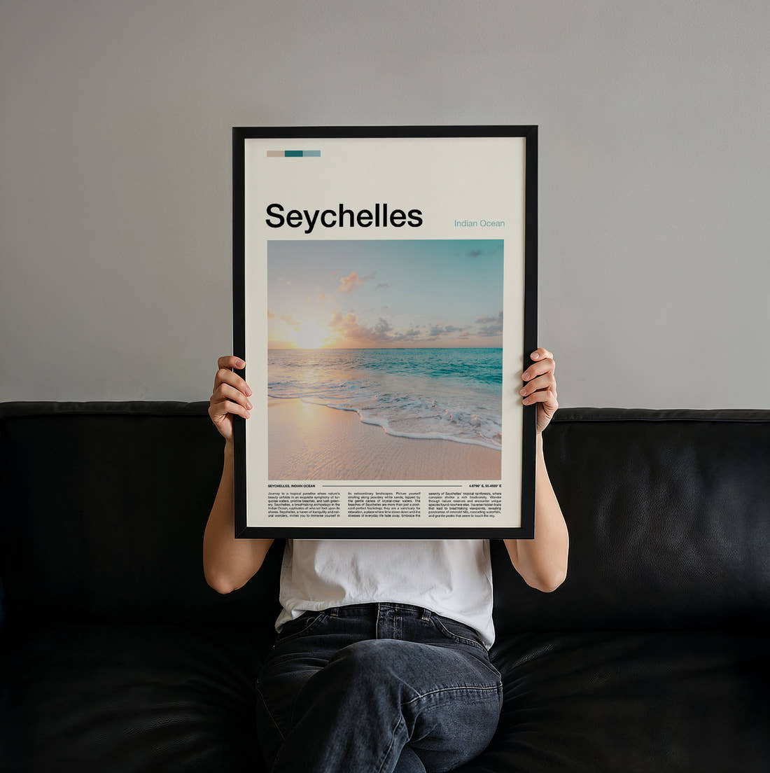 Seychelles Sunset Over The Beach Travel Print held up by hand to show the size of the print