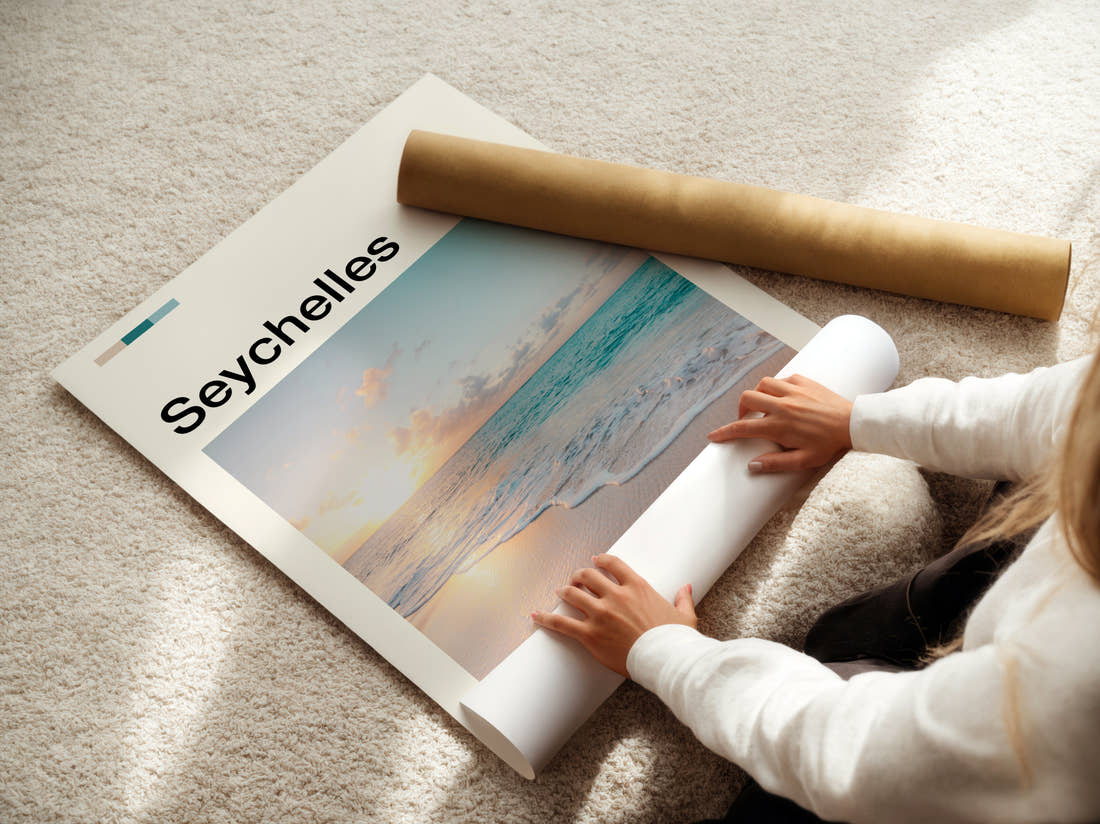 Seychelles Sunset Over The Beach Travel Print being unrolled from its postal tube
