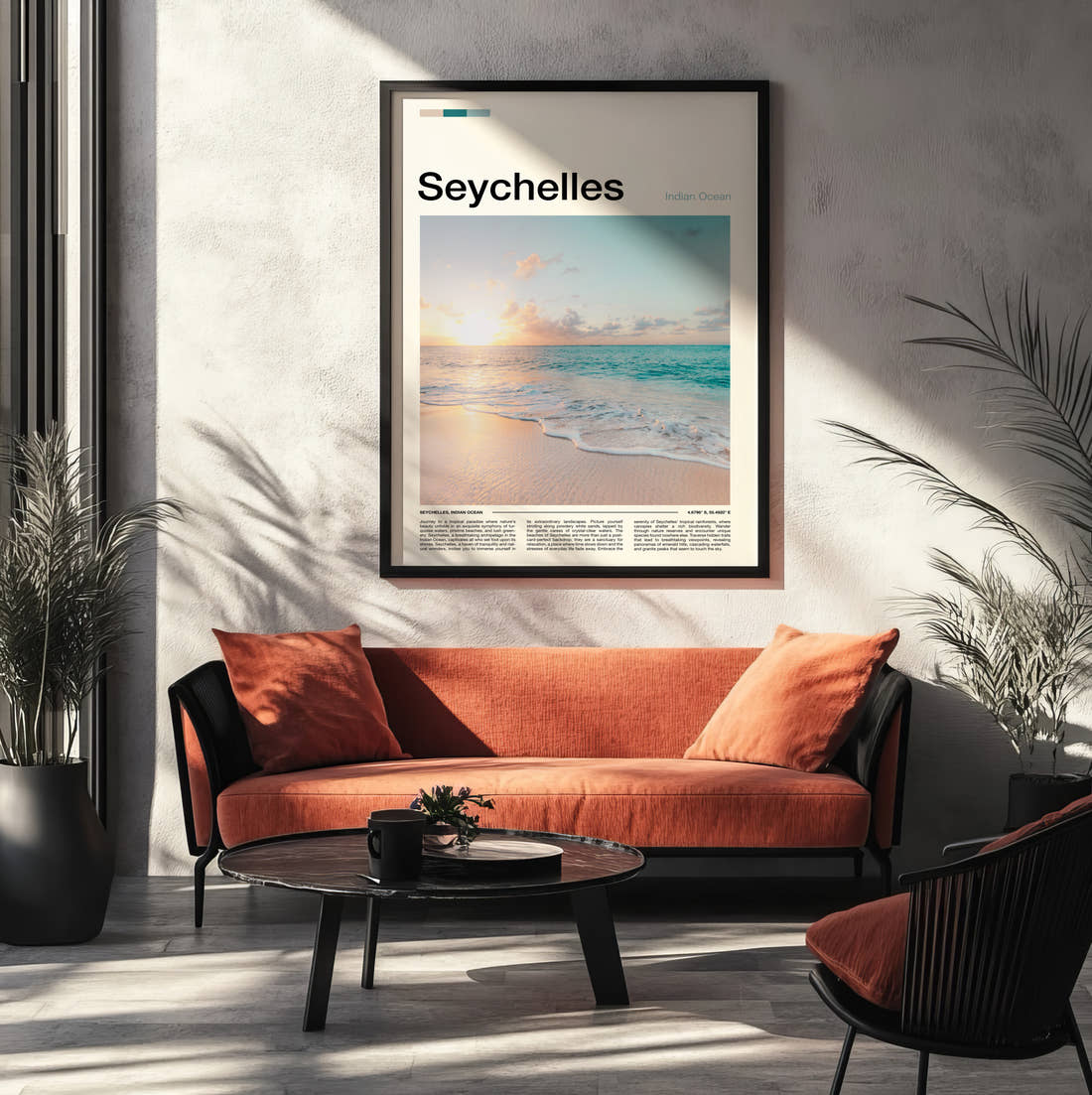 Seychelles Sunset Over The Beach Travel Print framed on the wall of a modern living room