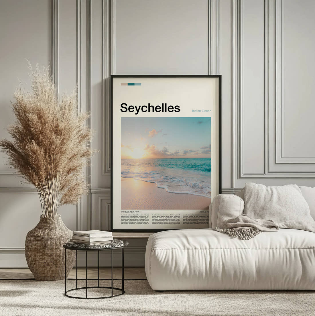 Seychelles Sunset Over The Beach Travel Print framed on the wall of a calm, neutral bedroom