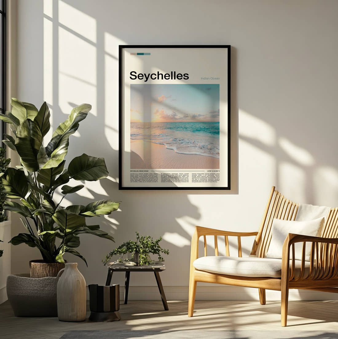 Seychelles Sunset Over The Beach Travel Print framed on a pale wall beside houseplants