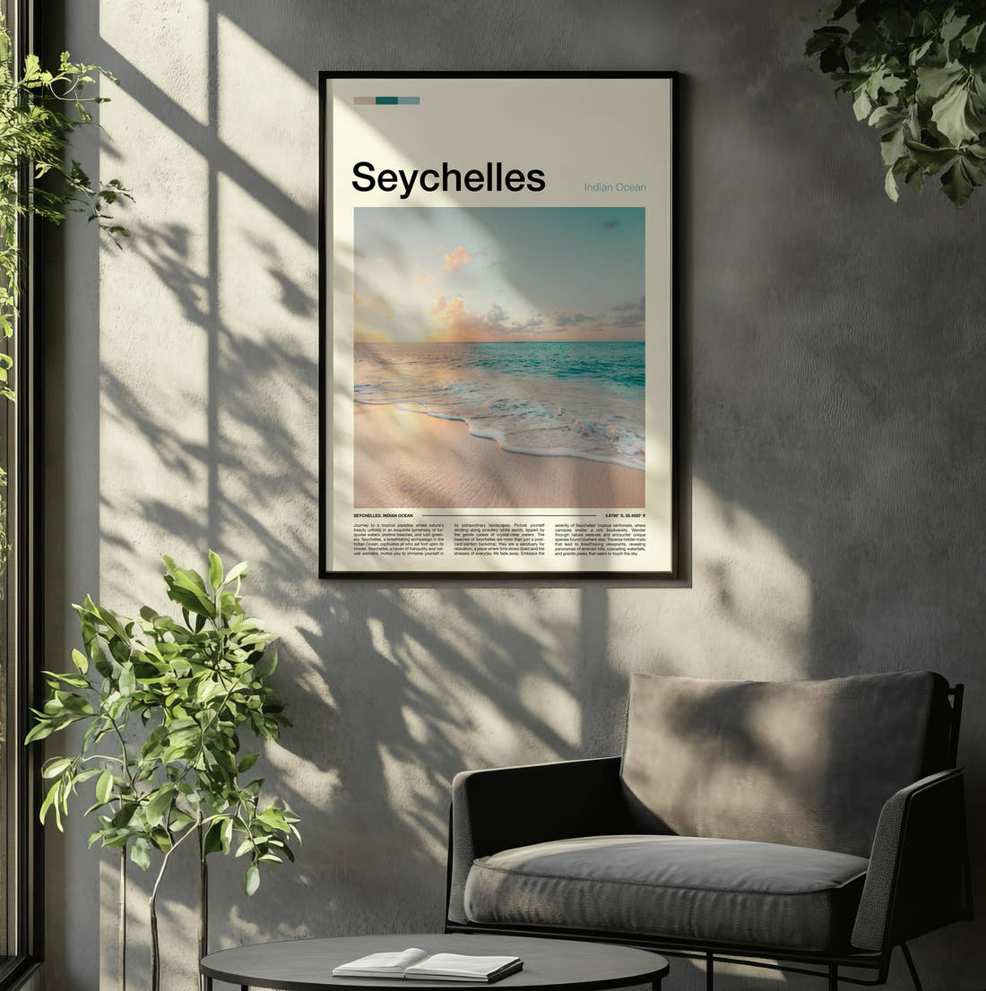 Seychelles Sunset Over The Beach Travel Print framed on the wall of a relaxed living room