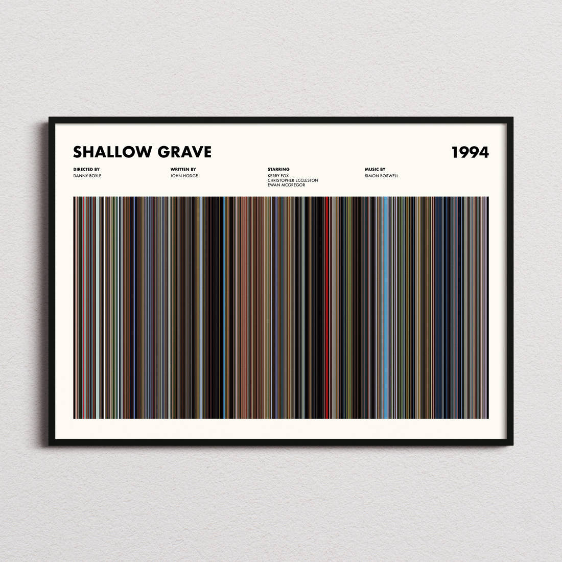 Shallow Grave Movie Barcode Poster framed and photographed straight on