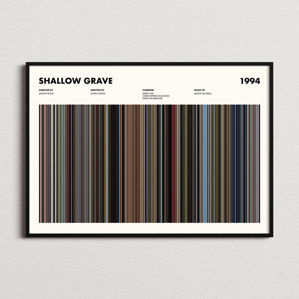 Shallow Grave Movie Barcode Poster framed and photographed straight on