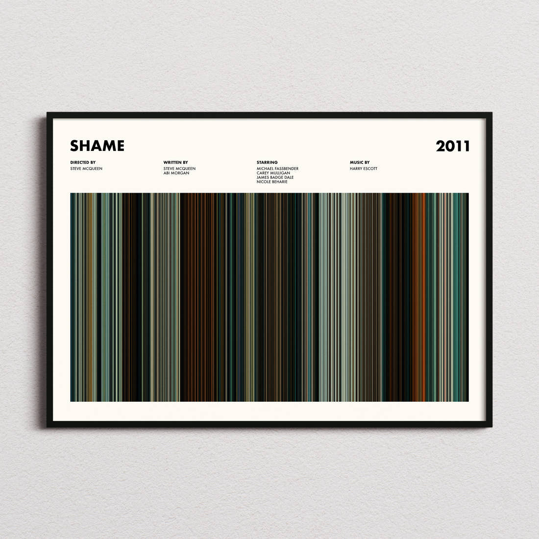 Shame Movie Barcode Poster framed and photographed straight on