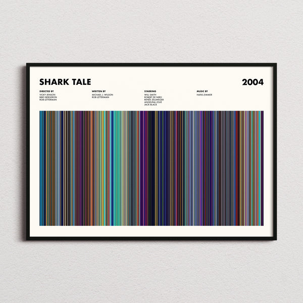 Shark Tale Movie Barcode Poster framed and photographed straight on