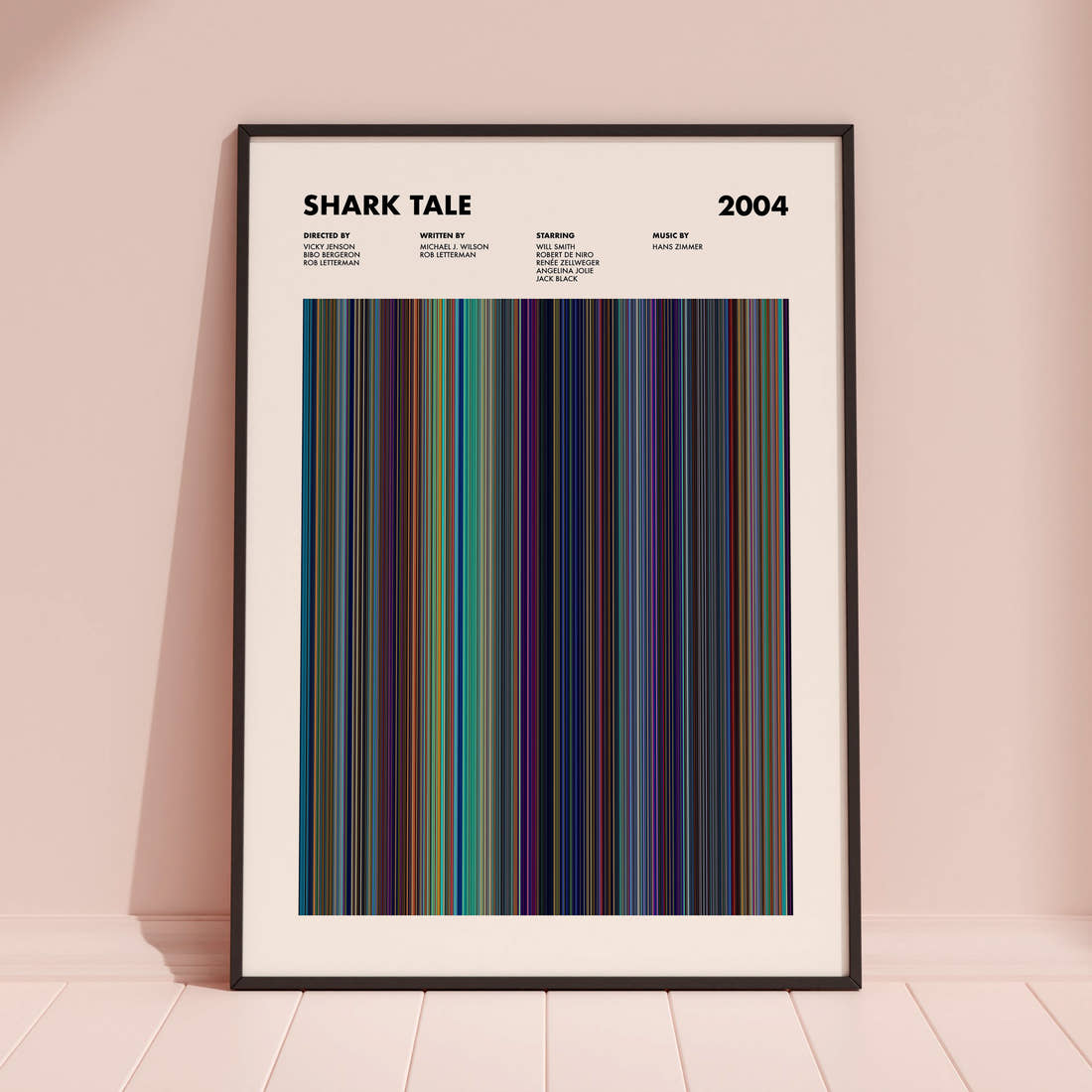 Shark Tale Movie Barcode Poster framed and leaning against a coloured wall