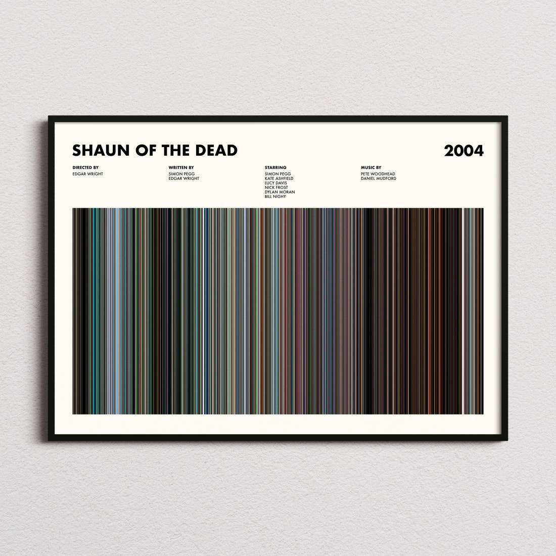 Shaun of the Dead Movie Barcode Poster framed and photographed straight on