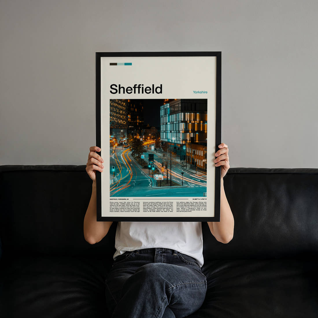 Sheffield Night Traffic Trails Travel Print held up by hand to show the size of the print