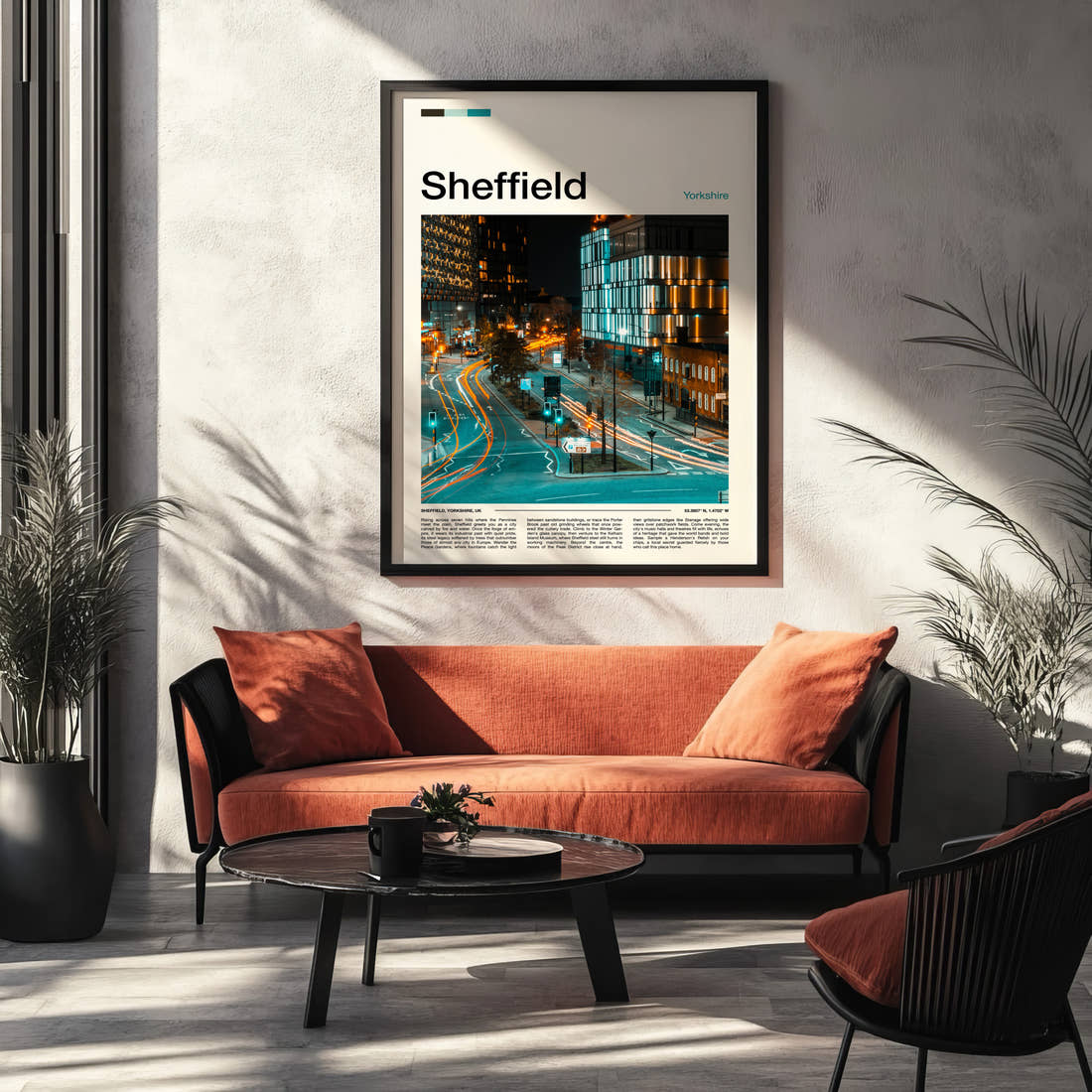 Sheffield Night Traffic Trails Travel Print framed on the wall of a modern living room