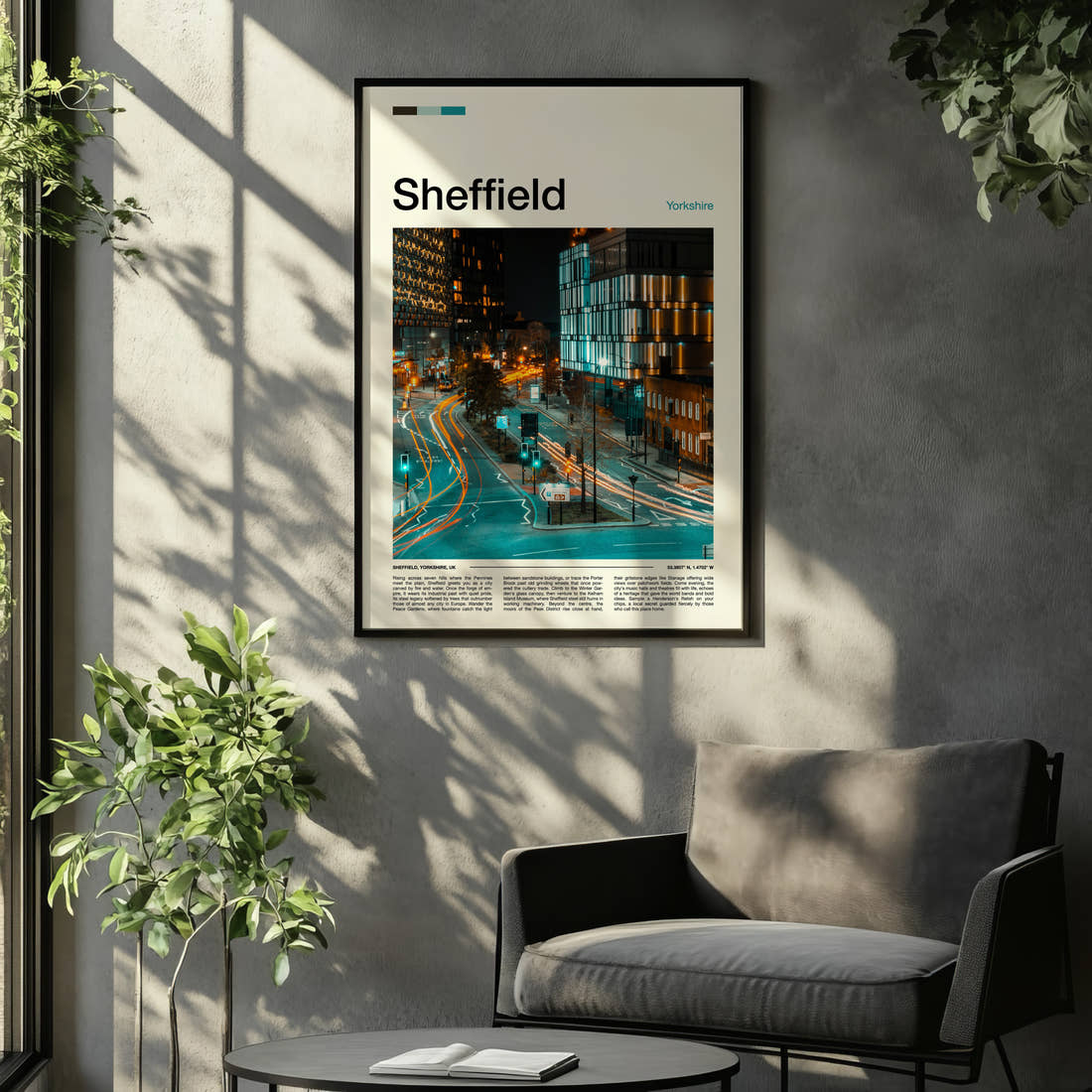 Sheffield Night Traffic Trails Travel Print framed on the wall of a relaxed living room