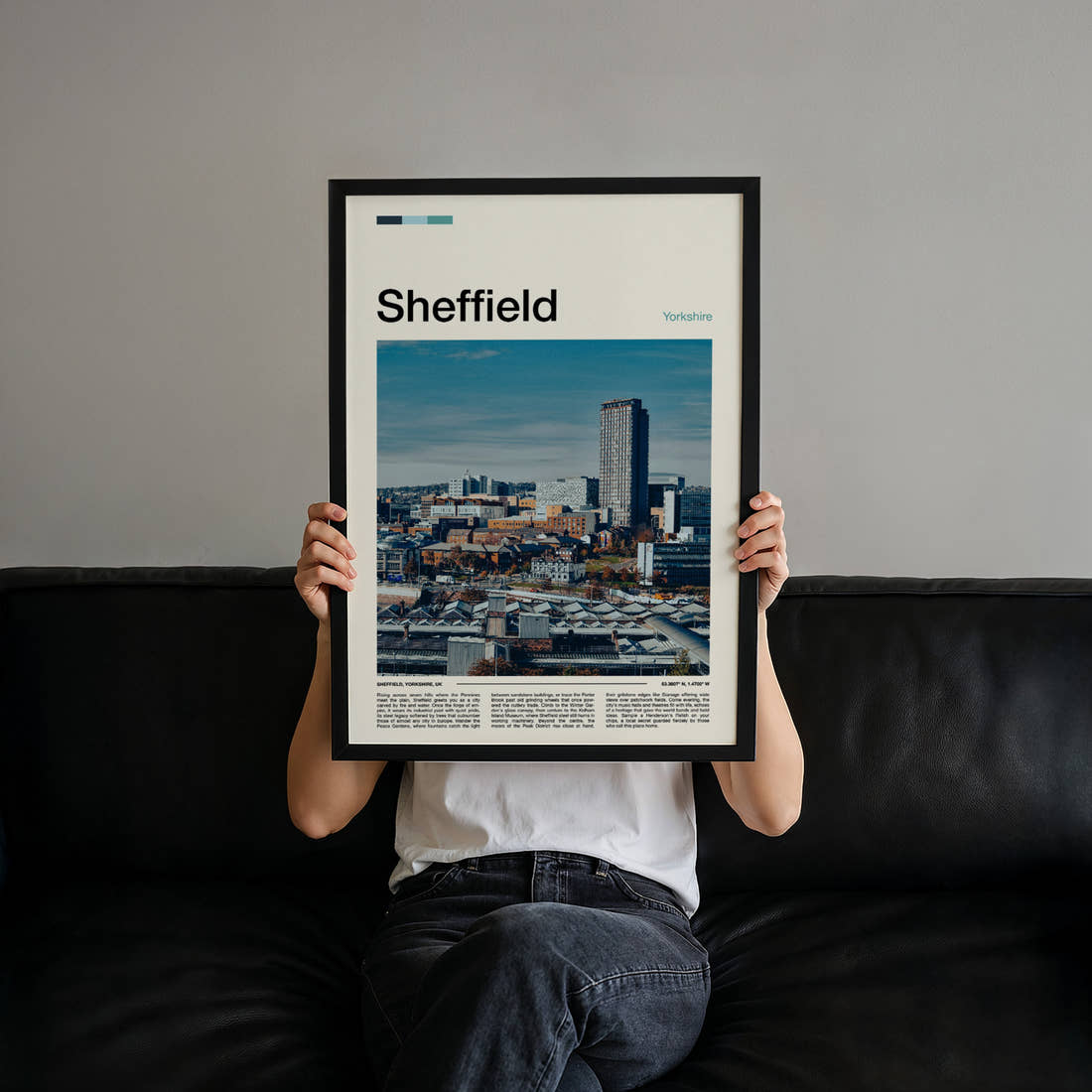 Sheffield City Skyline View Travel Print held up by hand to show the size of the print