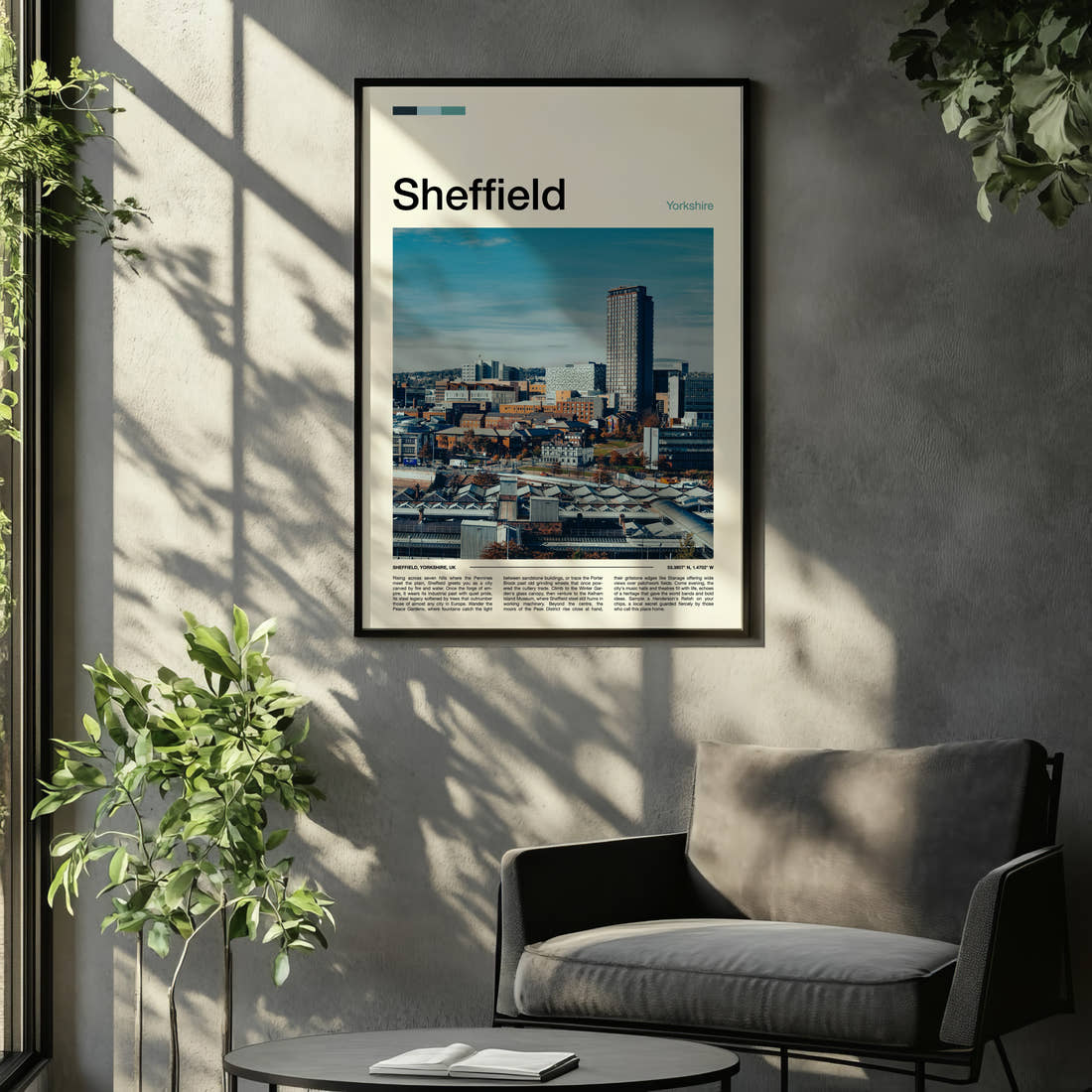 Sheffield City Skyline View Travel Print framed on the wall of a relaxed living room