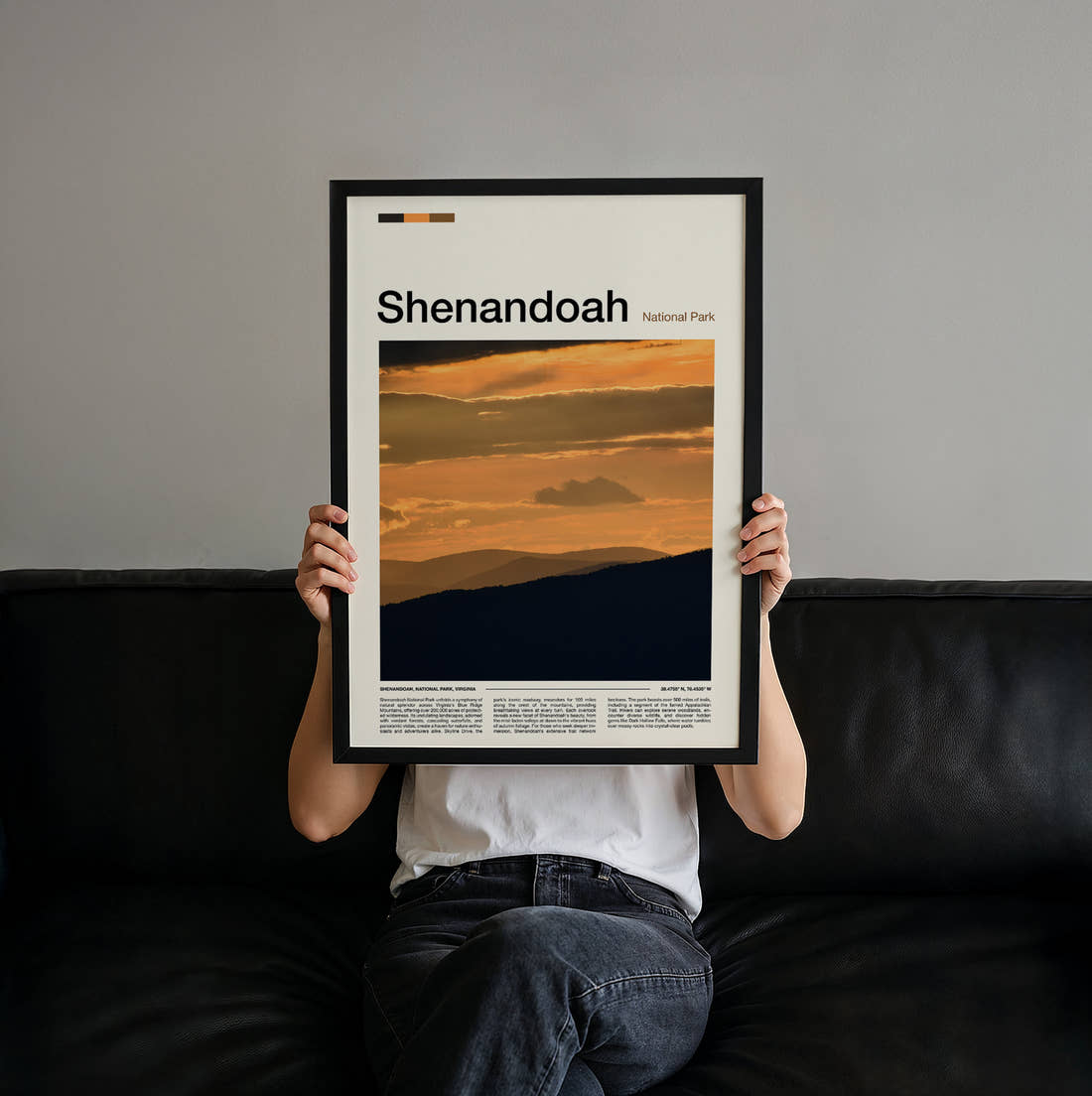 Shenandoah Mountain Ridges At Sunset Travel Print held up by hand to show the size of the print