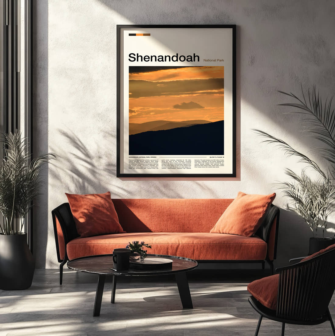 Shenandoah Mountain Ridges At Sunset Travel Print framed on the wall of a modern living room