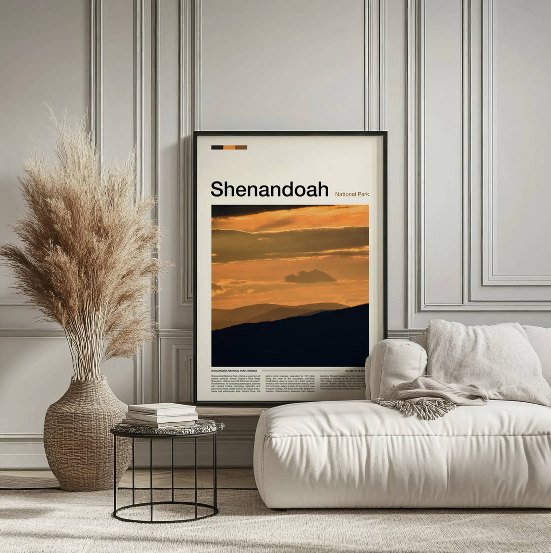 Shenandoah Mountain Ridges At Sunset Travel Print framed on the wall of a calm, neutral bedroom
