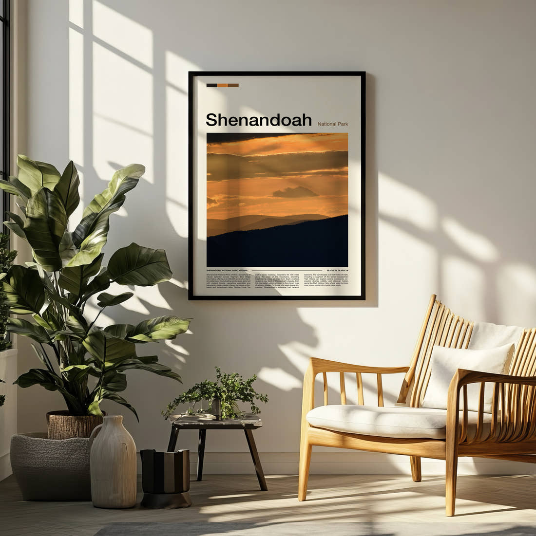 Shenandoah Mountain Ridges At Sunset Travel Print framed on a pale wall beside houseplants