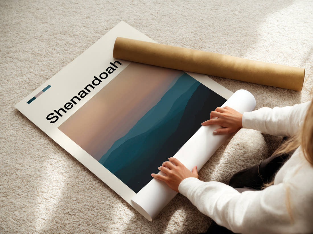 Shenandoah Hazy Blue Ridges Travel Print being unrolled from its postal tube
