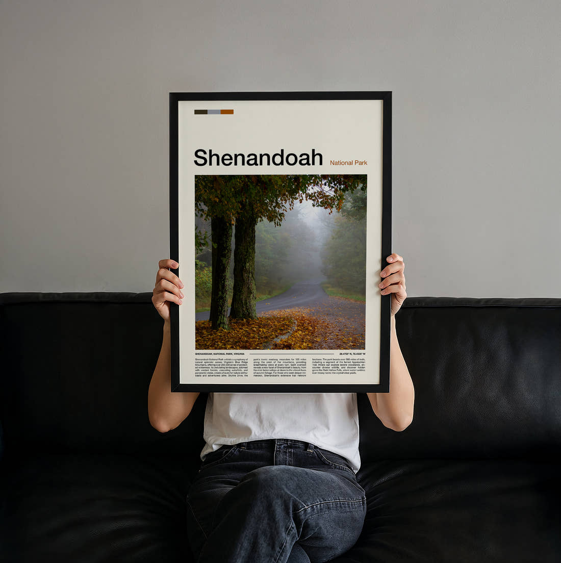 Shenandoah Misty Forest Road Travel Print held up by hand to show the size of the print