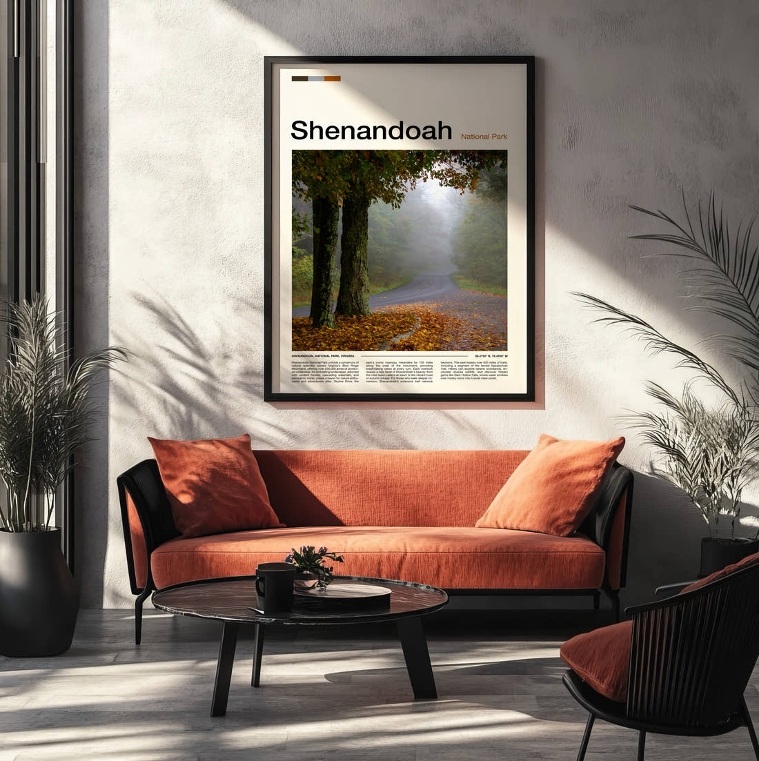 Shenandoah Misty Forest Road Travel Print framed on the wall of a modern living room