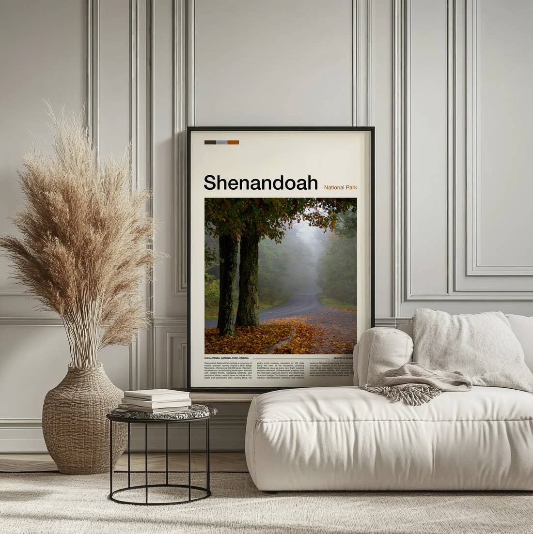 Shenandoah Misty Forest Road Travel Print framed on the wall of a calm, neutral bedroom