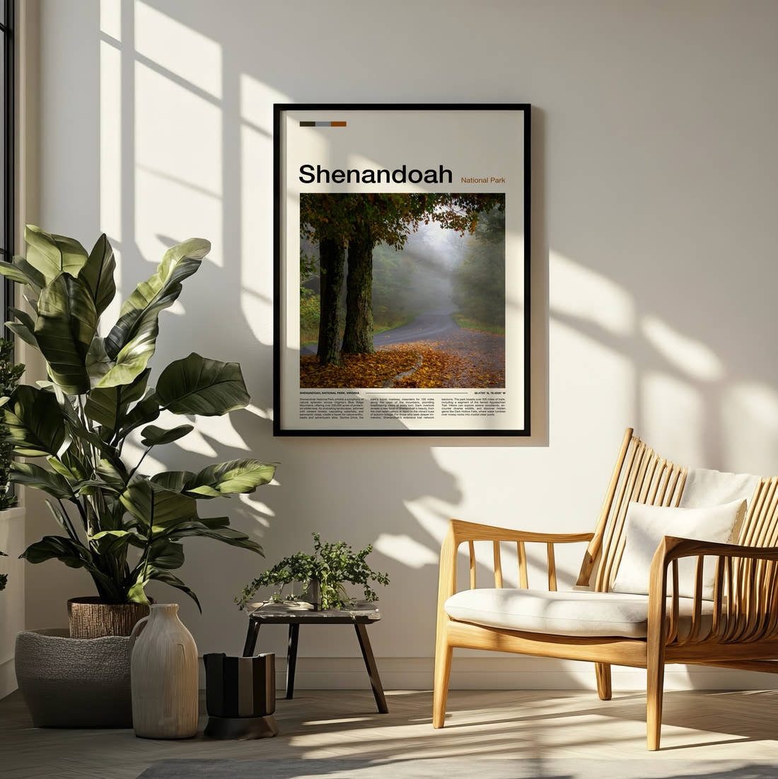 Shenandoah Misty Forest Road Travel Print framed on a pale wall beside houseplants