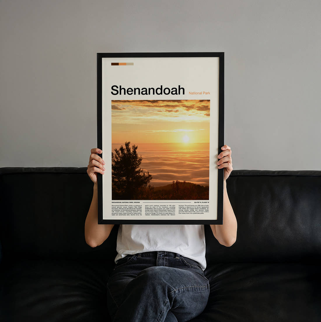 Shenandoah Sunrise Over The Valley Travel Print held up by hand to show the size of the print
