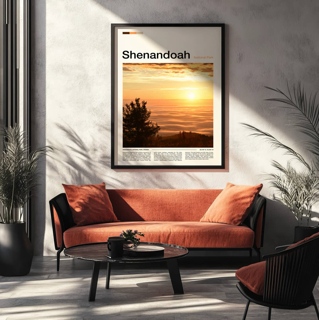 Shenandoah Sunrise Over The Valley Travel Print framed on the wall of a modern living room