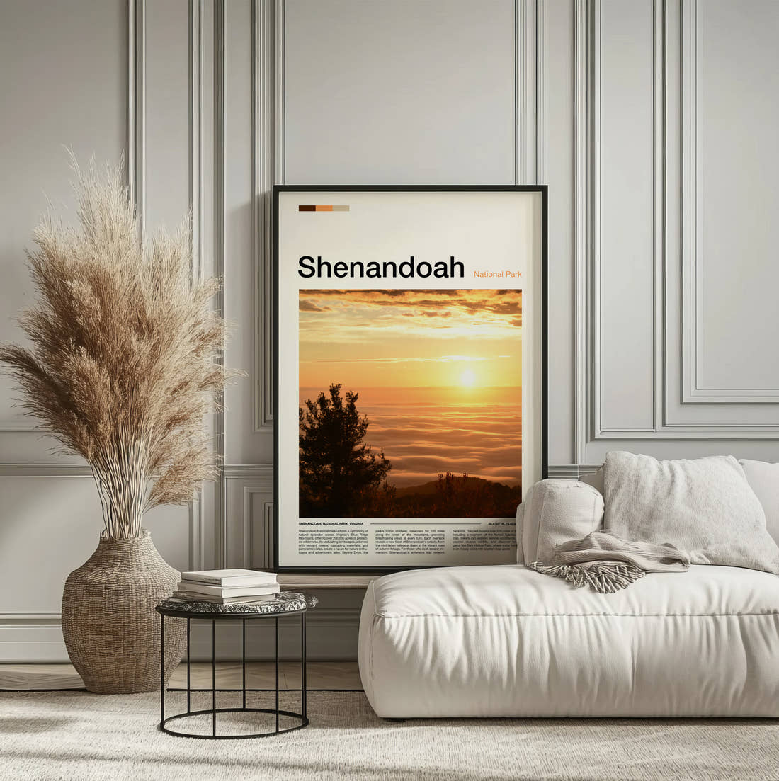 Shenandoah Sunrise Over The Valley Travel Print framed on the wall of a calm, neutral bedroom
