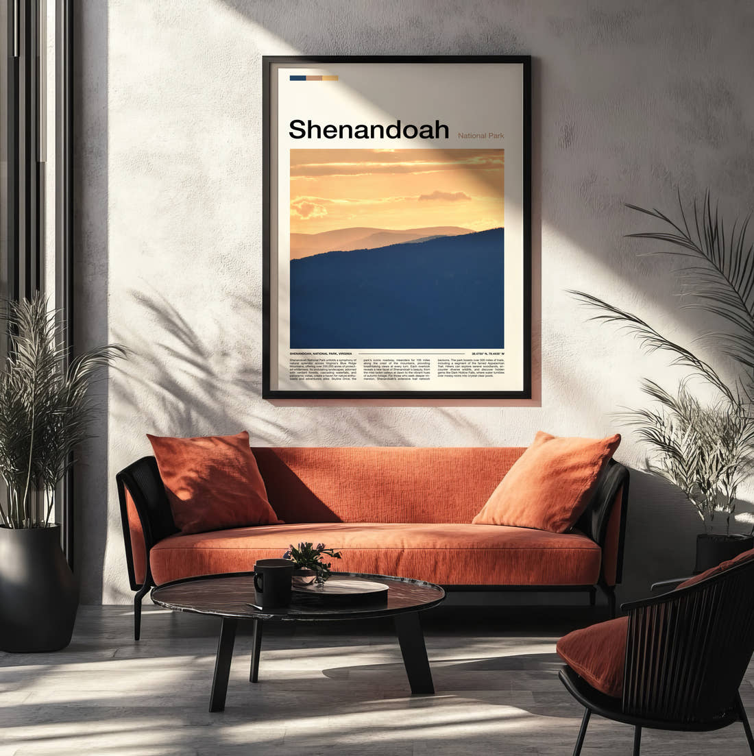 Shenandoah Layered Blue Hills Travel Print framed on the wall of a modern living room