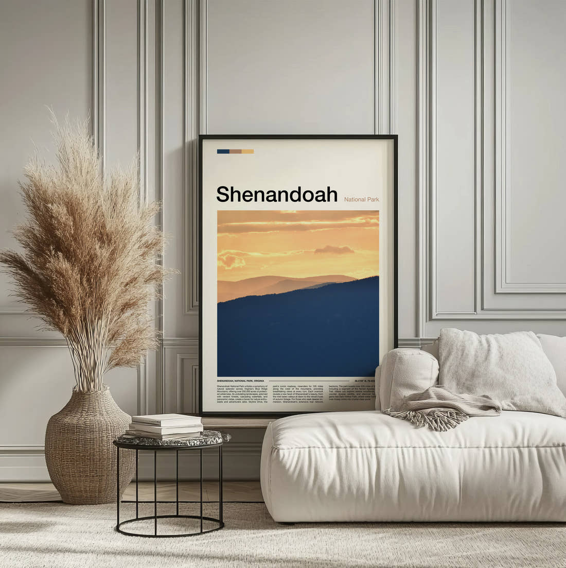Shenandoah Layered Blue Hills Travel Print framed on the wall of a calm, neutral bedroom
