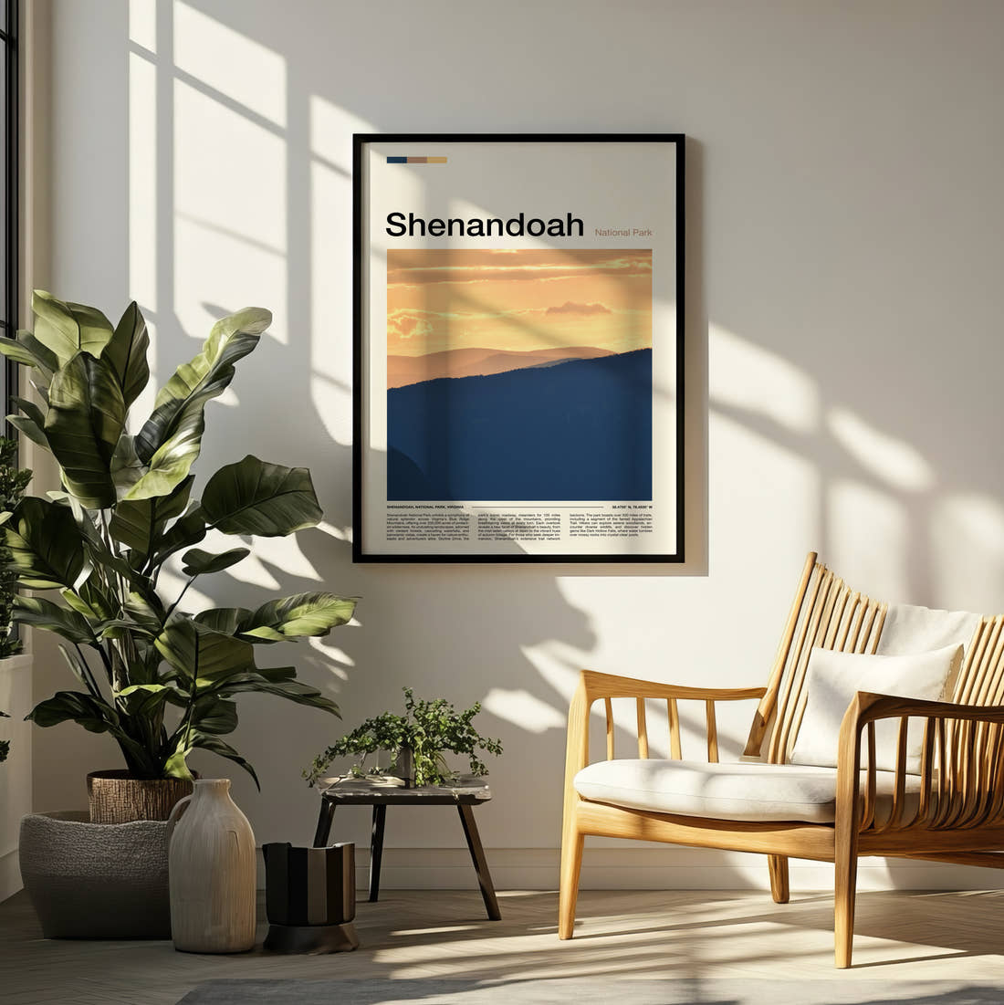 Shenandoah Layered Blue Hills Travel Print framed on a pale wall beside houseplants