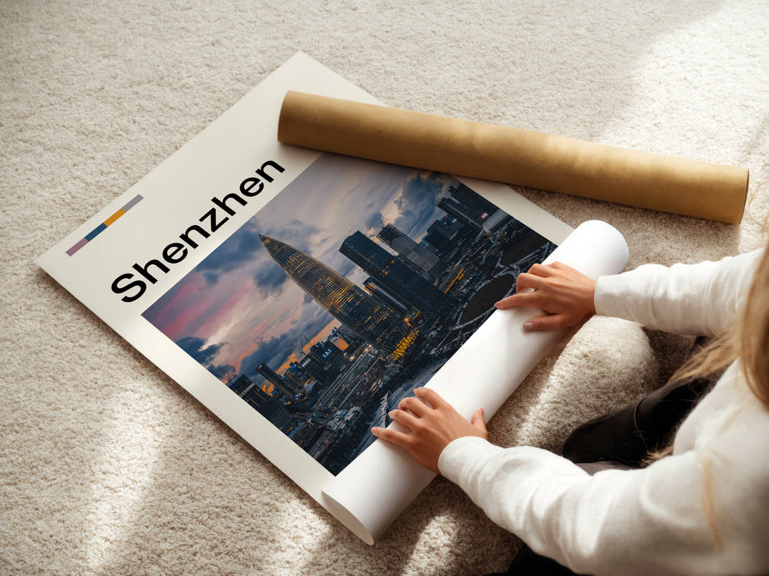 Shenzhen Travel Print being unrolled from its postal tube