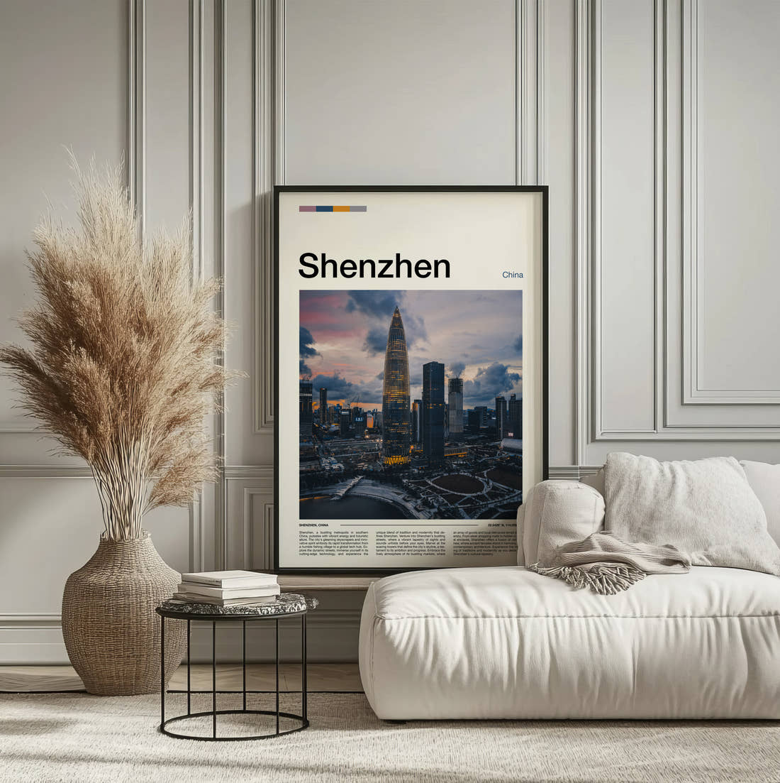 Shenzhen Travel Print framed on the wall of a calm, neutral bedroom