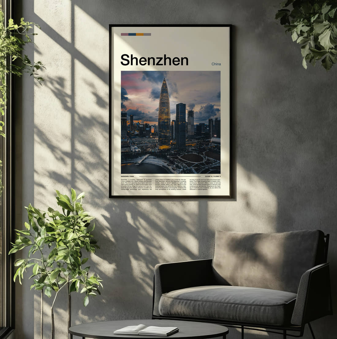 Shenzhen Travel Print framed on the wall of a relaxed living room