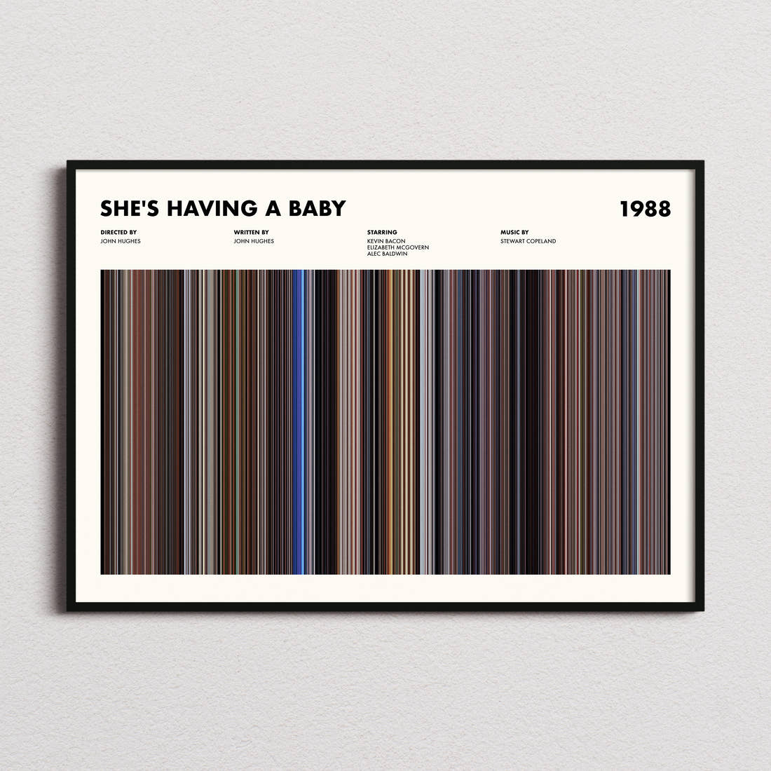 She's Having A Baby Movie Barcode Poster framed and photographed straight on