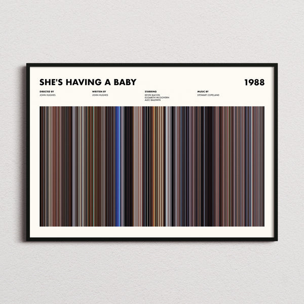 She's Having A Baby Movie Barcode Poster framed and photographed straight on