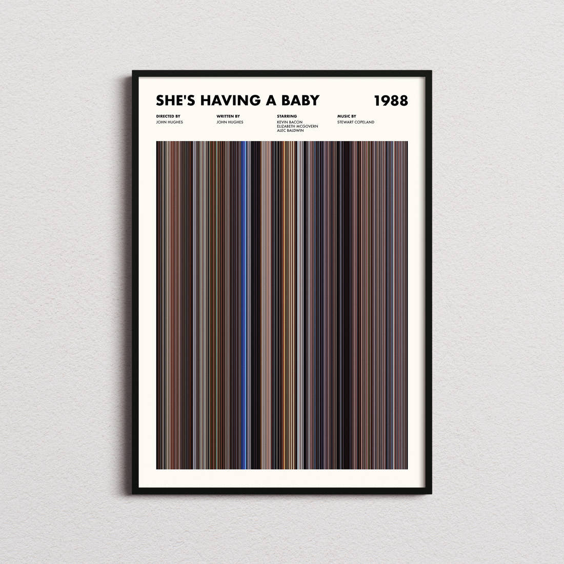 She's Having A Baby Movie Barcode Poster framed on a plain studio wall