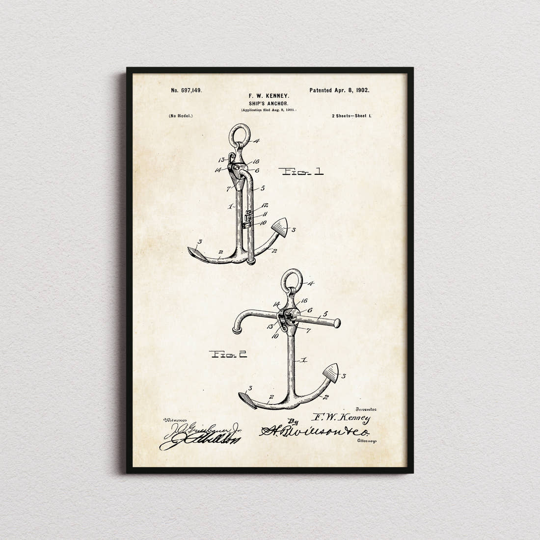 Ships Anchor Patent Print in the aged paper colourway, framed