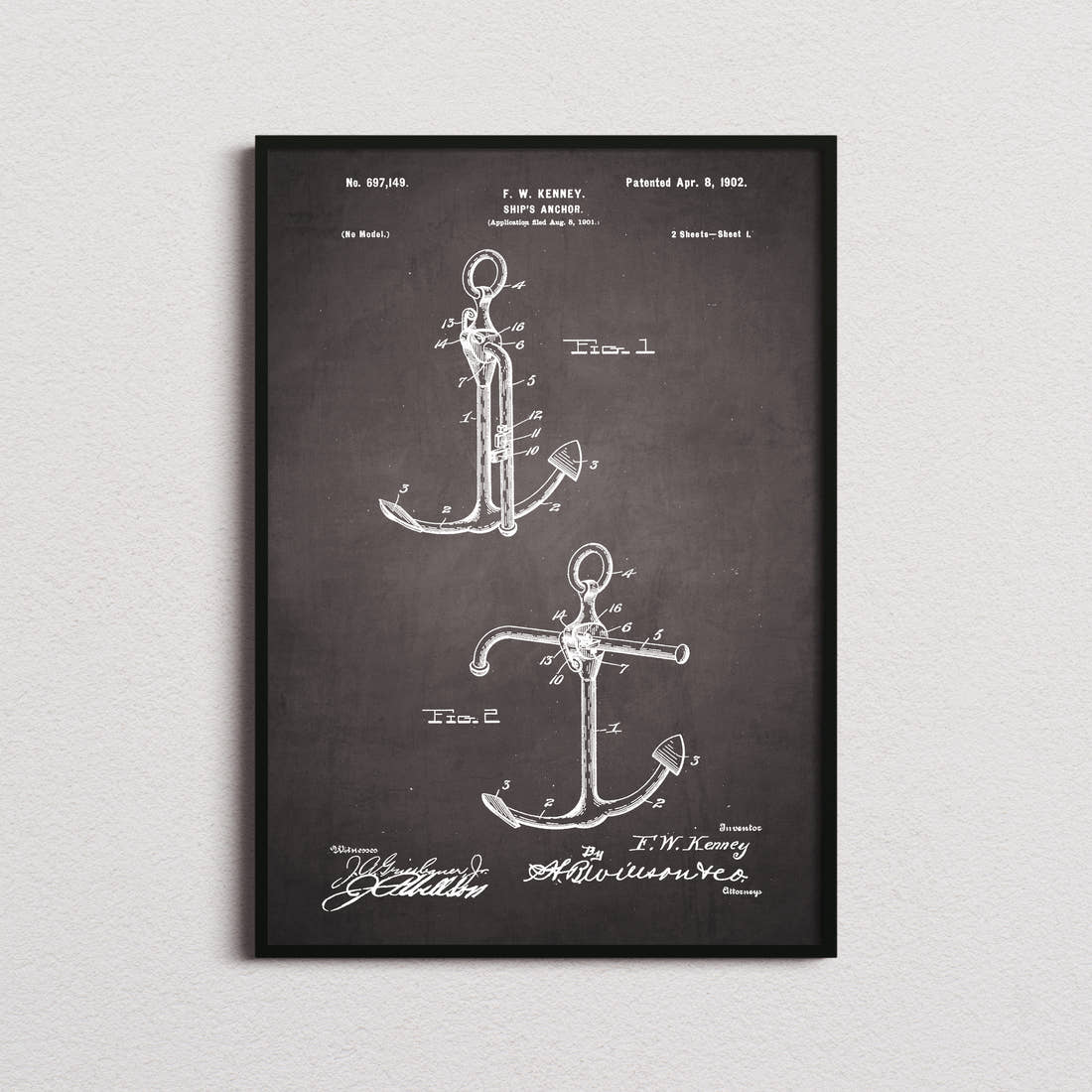 Ships Anchor Patent Print in the blackboard colourway, framed