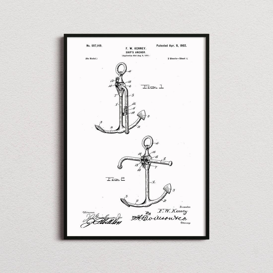 Ships Anchor Patent Print in the white colourway, framed