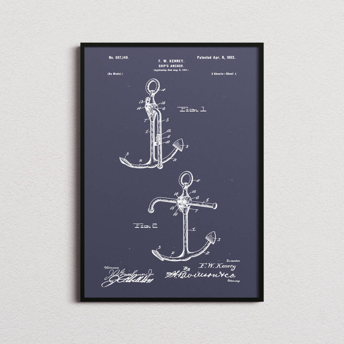 Ships Anchor Patent Print in the navy colourway, framed