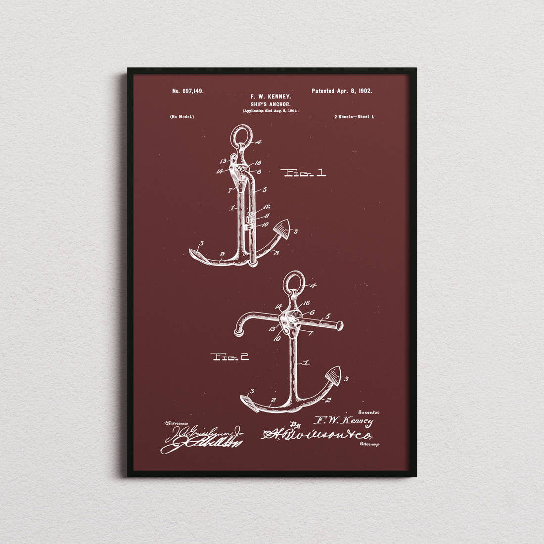 Ships Anchor Patent Print in the burgundy colourway, framed