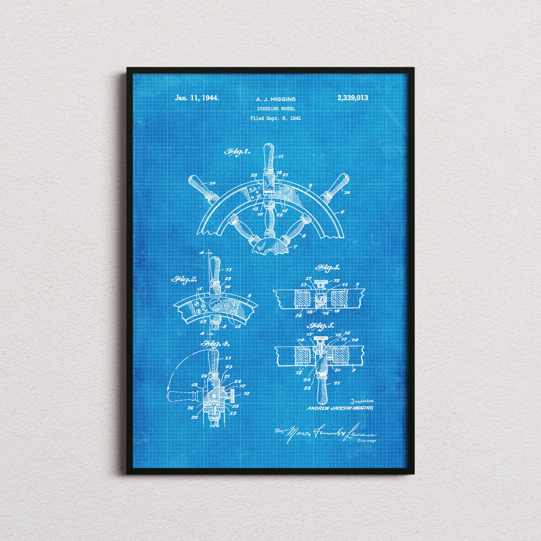 Ships Steering Wheel Patent Print in the blueprint colourway, framed