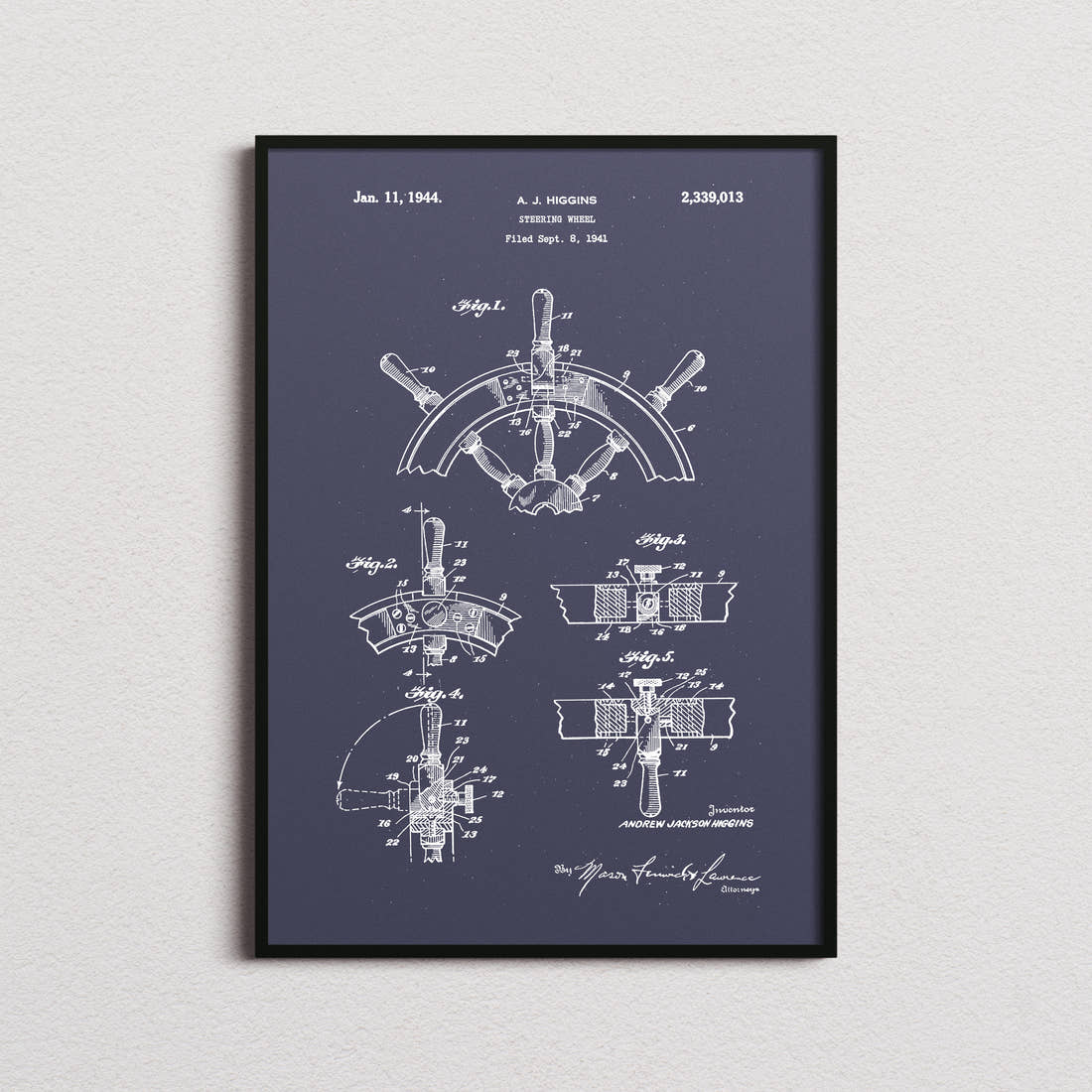 Ships Steering Wheel Patent Print in the navy colourway, framed